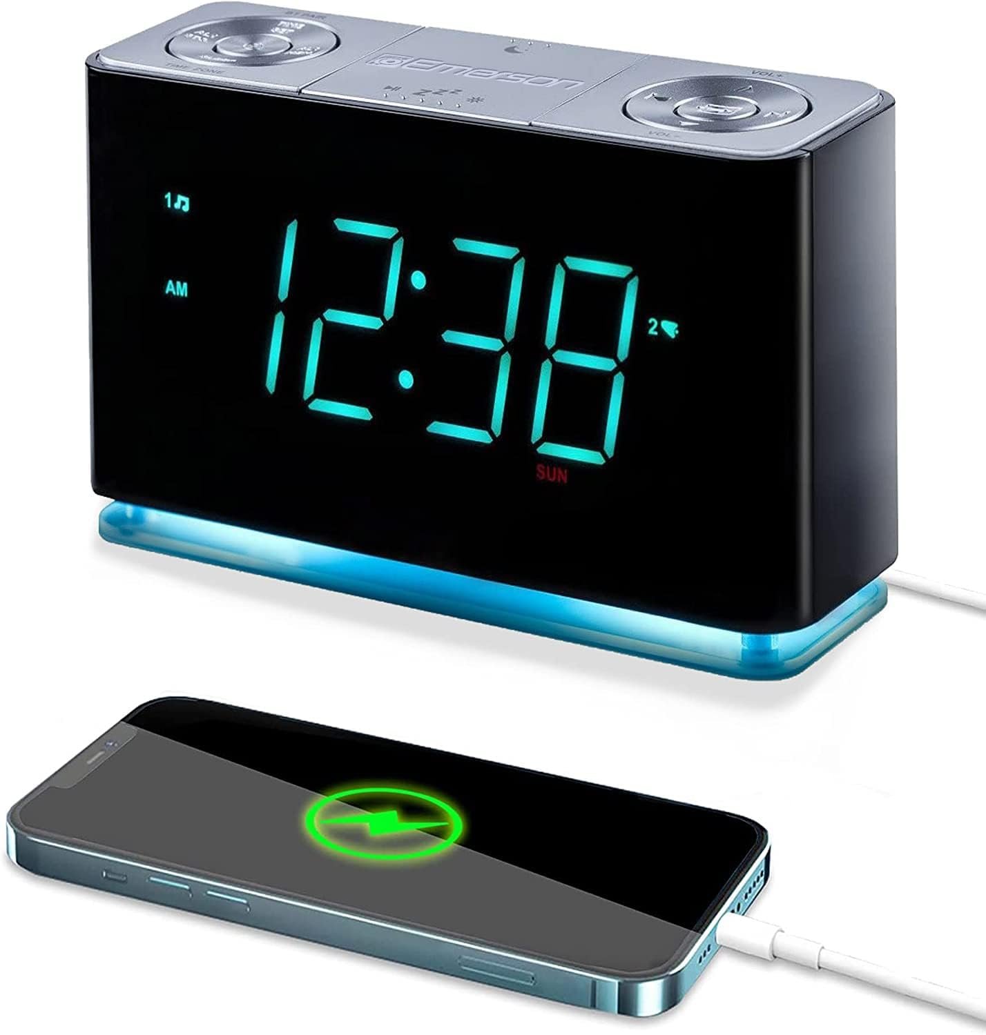 Emerson Smartset Alarm Clock Radio with Bluetooth Speaker with USB Port for iPhone/iPad/iPod/Android and Tablets, 1.4″ Cyan LED Display and Night Light, ER100301