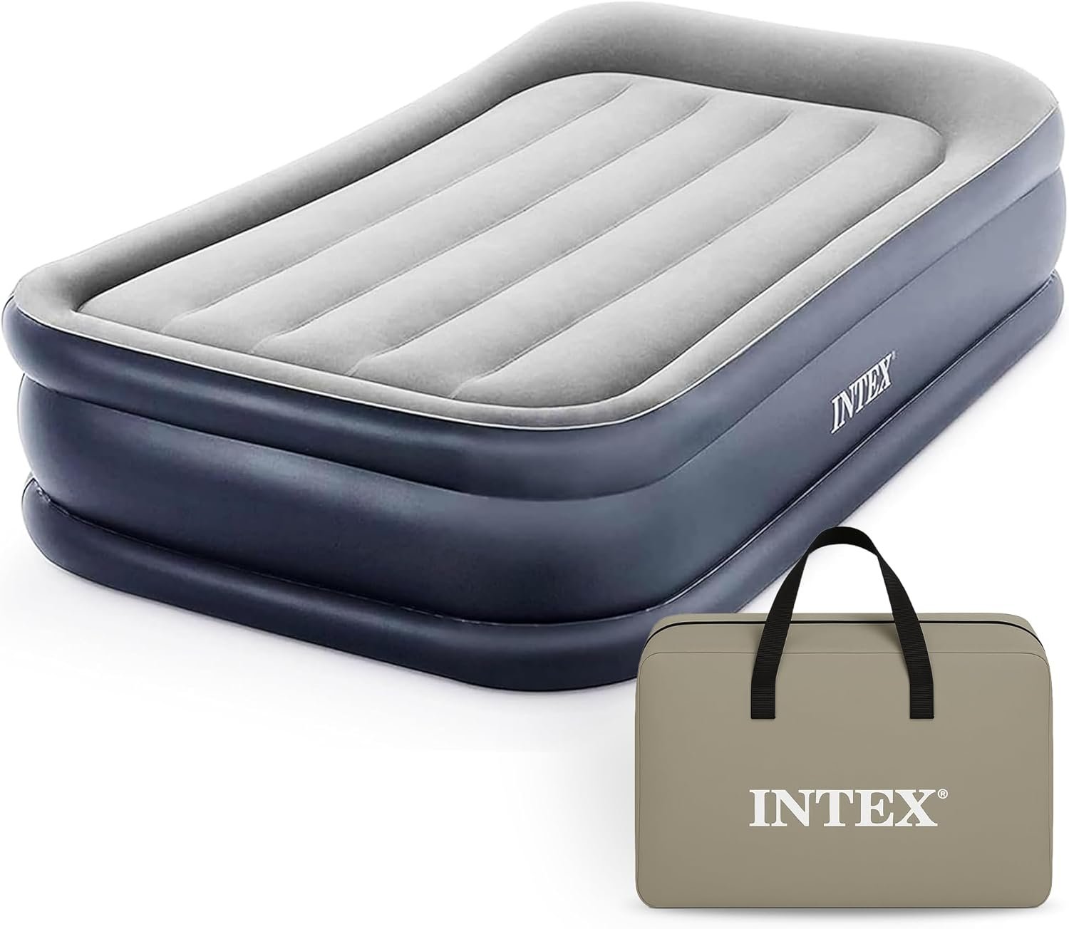 Intex 64131ED Dura-Beam Plus Deluxe Pillow: Fiber-Tech – Twin Size – Built-in Electric Pump – 16.5in Bed Height – 300lb Weight Capacity